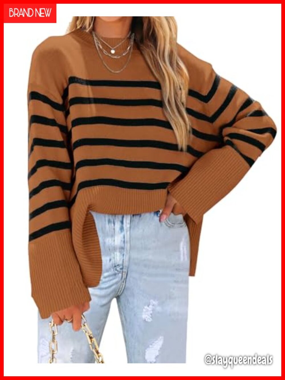 Oversized Striped Knit Pullover Sweater Side Slit Loose Fit Long Sleeve